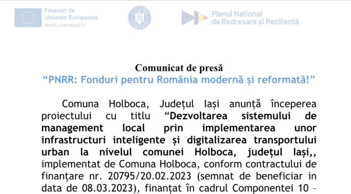 Comunicat de presă comuna Holboca: “PNRR: Fonduri pentru România modernă și reformată!”