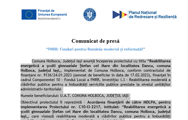 Comunicat de presă comuna Holboca: “PNRR: Fonduri pentru România modernă și reformată!”