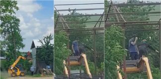 Cum se lucrează ilegal la stat: angajații sudează la înălțime direct din cupa excavatorului, un muncitor a căzut în gol – FOTO