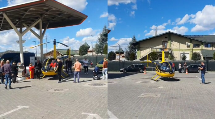 Un elicopter a alimentat la o benzinărie din Curtea de Argeș