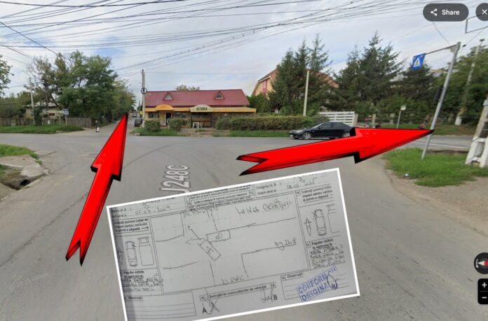 montaj 01!!! Schița accidentului: ofițerul DGA se îndrepta înainte, către casă. În raport a scris că mergea la sediul DGA, către care ar fi trebuit însă să vireze dreapta