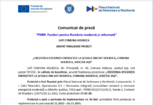 Comunicat de presă: ANUNȚ FINALIZARE PROIECT – „CREȘTEREA EFICIENȚEI ENERGETICE LA ȘCOALA DIN SAT HOLBOCA, COMUNA HOLBOCA, JUDEȚUL IAȘI”