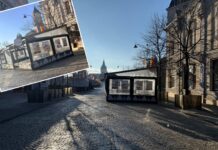 Centrul Istoric, bazarul lui Chirica: terasa din țeavă și PVC a unei șaormerii, trântită în mijlocul pietonalui. Cum se văd Palatul, Trei Ierarhi și Episcopia Catolică