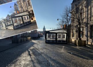 Centrul Istoric, bazarul lui Chirica: terasa din țeavă și PVC a unei șaormerii, trântită în mijlocul pietonalui. Cum se văd Palatul, Trei Ierarhi și Episcopia Catolică