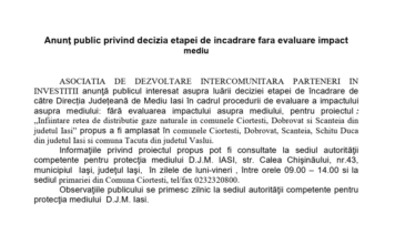 Anunţ public privind decizia etapei de incadrare fara evaluare impact mediu (P)