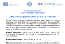 Comunicat de presă privind finalizarea proiectului: „PNRR: Fonduri pentru România modernă și reformată!” (P)