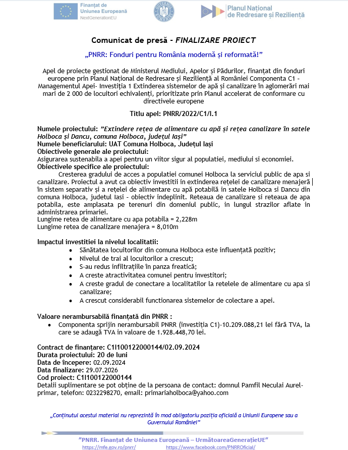 comunicat holboca finalizare proiect